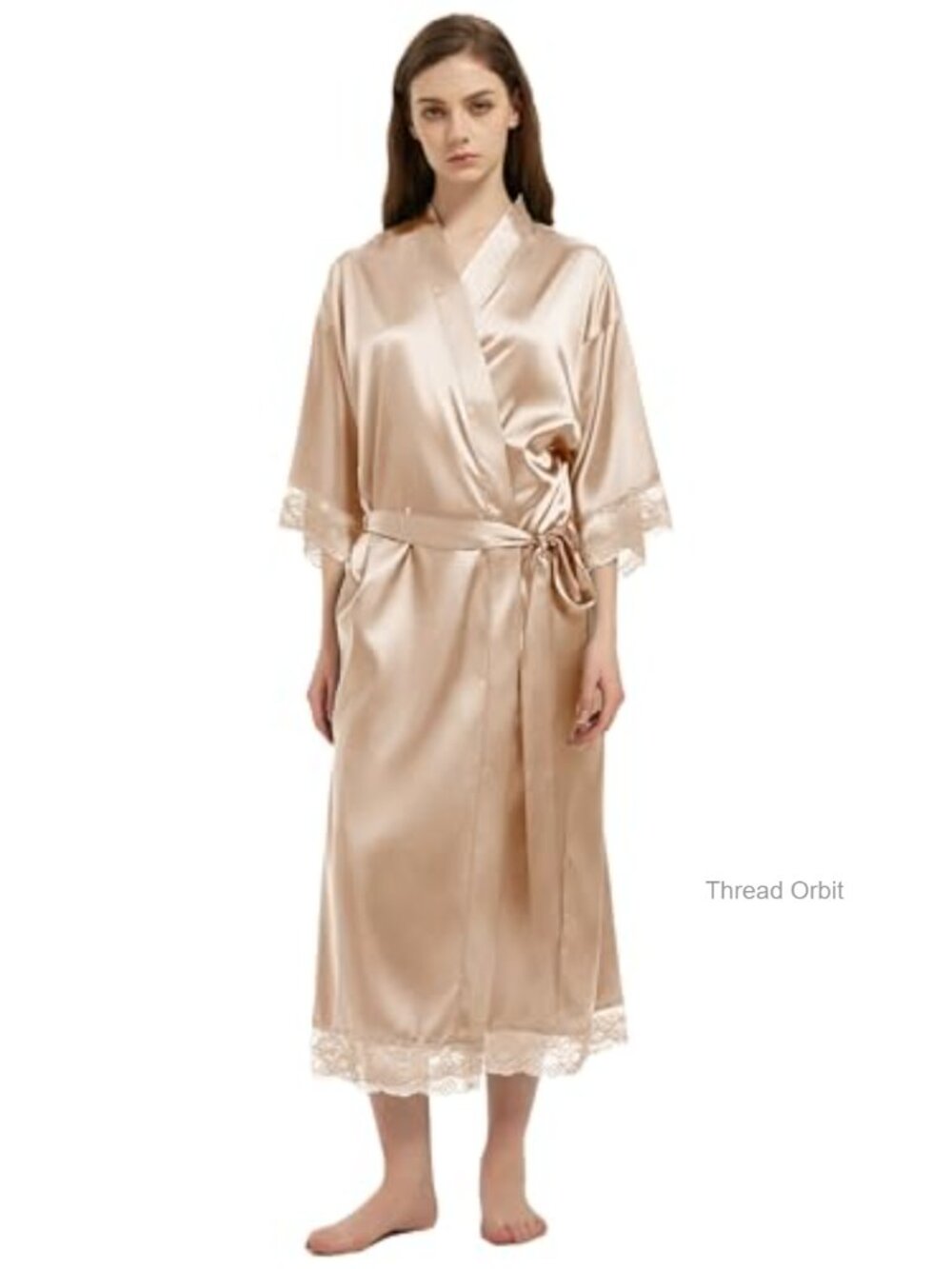 Satin Kimono Robe Long Lace Trim Bathrobe Sleepwear Loungewear